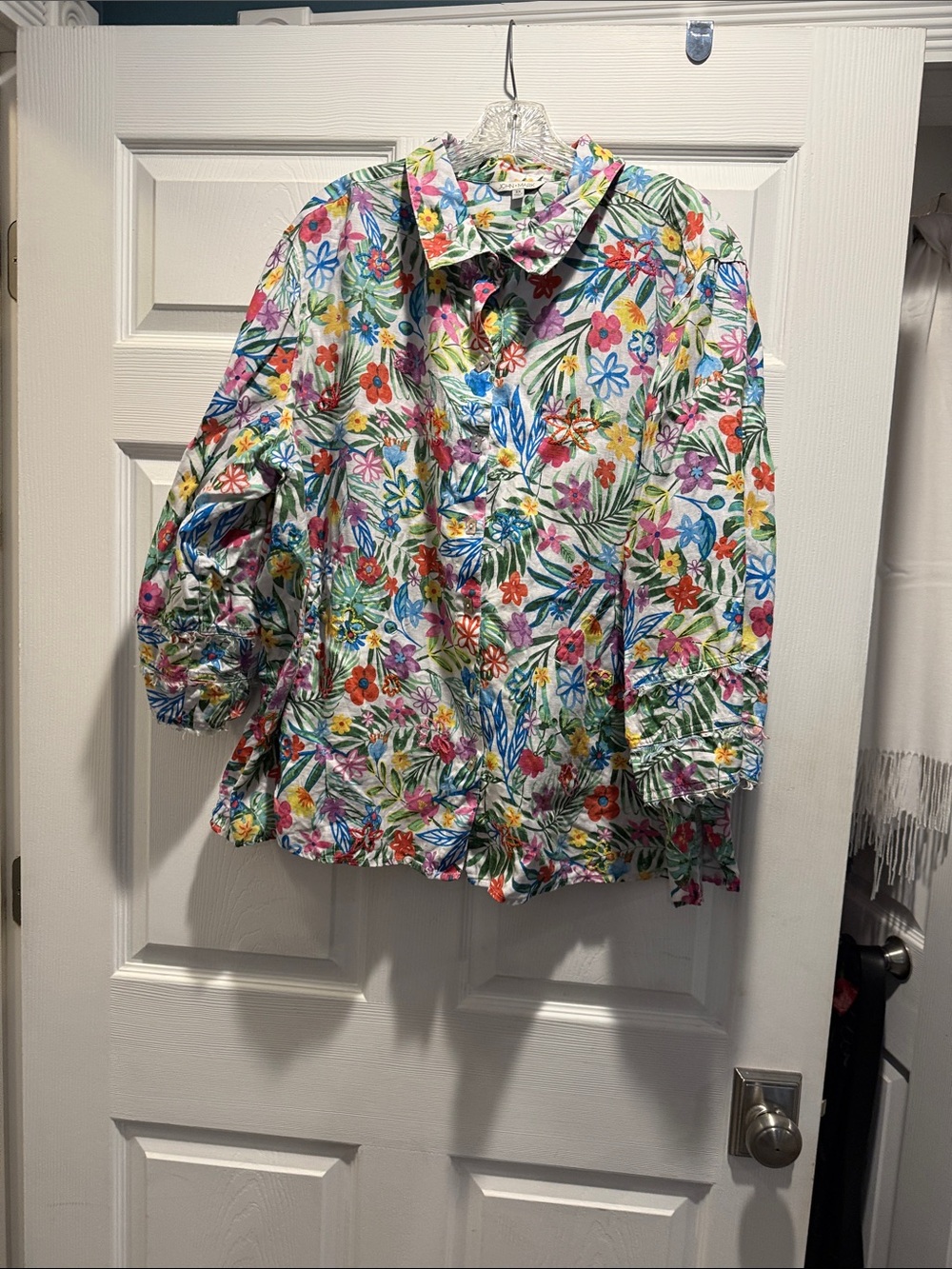 John Mark Women's Floral Button-Down Shirt in White with Multicolor Floral Print